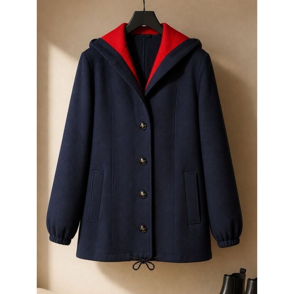VINTAGE NAVYΒ BLUE WITH RED CAR COATβBYβINTERNATIONALβSCENEβSIZEβ15/16